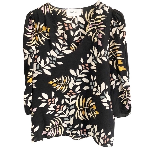 ba&sh Top Cross Black Floral Viscose V-Neck Three Quarter Sleeve Blouse Size XS - Picture 12 of 13